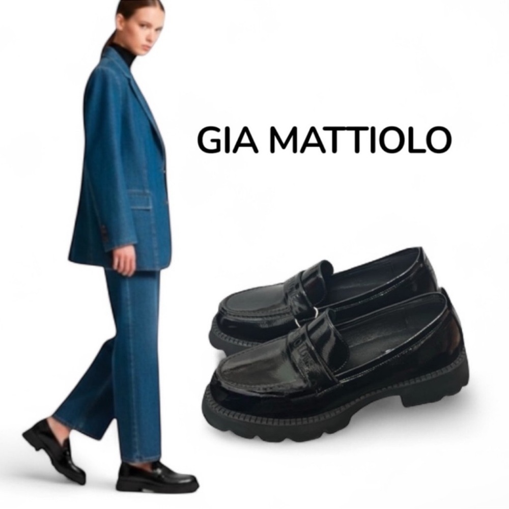 New authentic Gai Mattiolo designer black patent leather chunky loafers sz 9